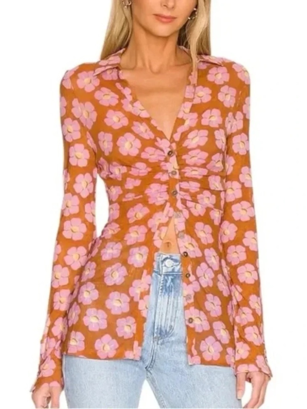 Free‎ People Lucky Shirtee brown and pink poppy floral print size Medium - Picture 3 of 7